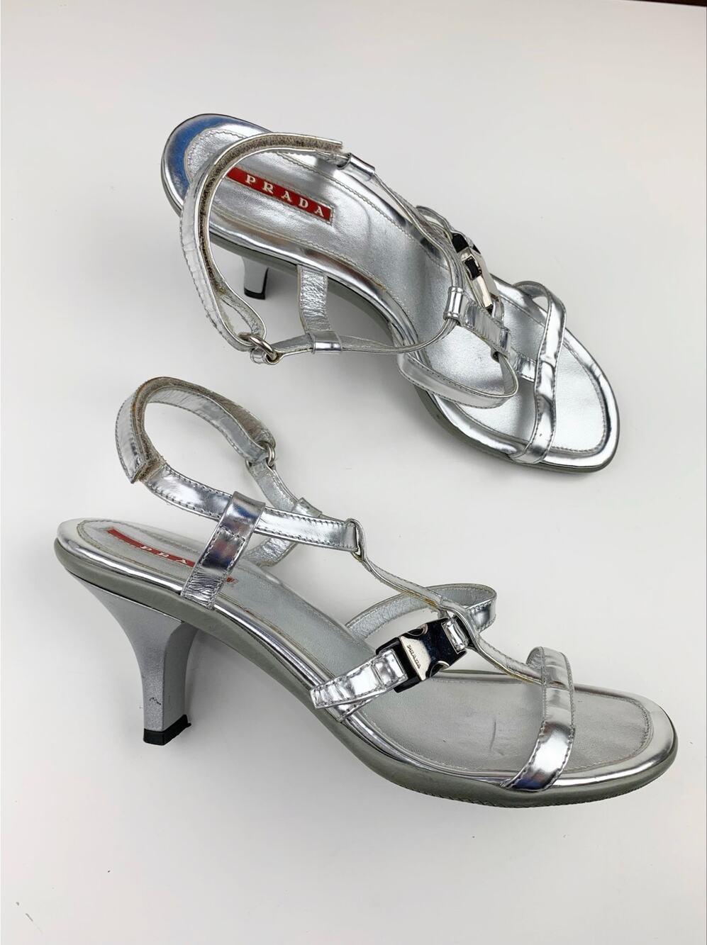 Vintage Prada Strappy Silver Sandals Kitten Heels Italy Women's 37 US 7 Y2K 90s